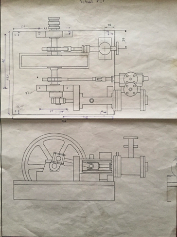 Boven- en zijaanzicht horizontale zuigerstoommachine. De set 2D-tekeningen bestaat uit tekeningen van ieder onderdeel.